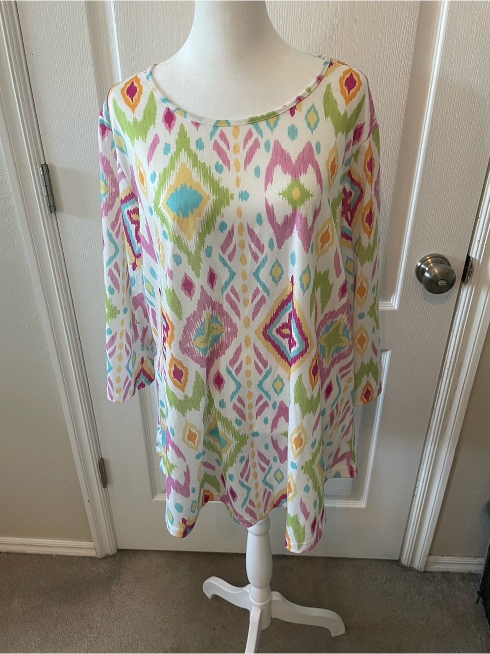 indigo soul White Ikat Tunic with Pink, Green, Yellow & Blue Accents
